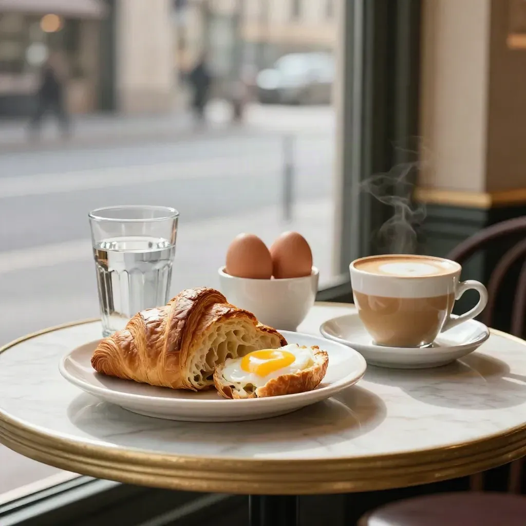 Kavárenská snídaně: croissant, vejce naměkko, voda a cappuccino u okna.