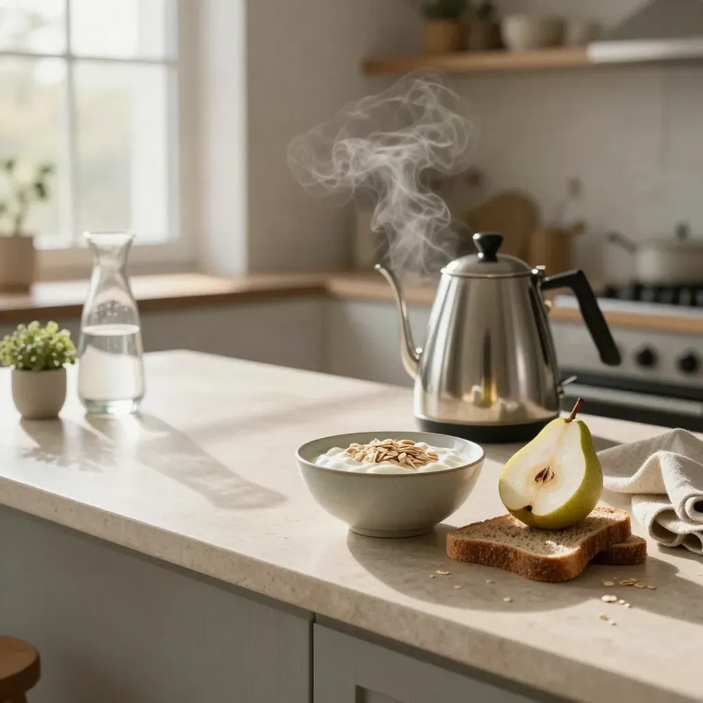 Snídaně v českém bytě: jogurt s ovsem, žitný toast, hruška, konvice, karafa a bylinky.